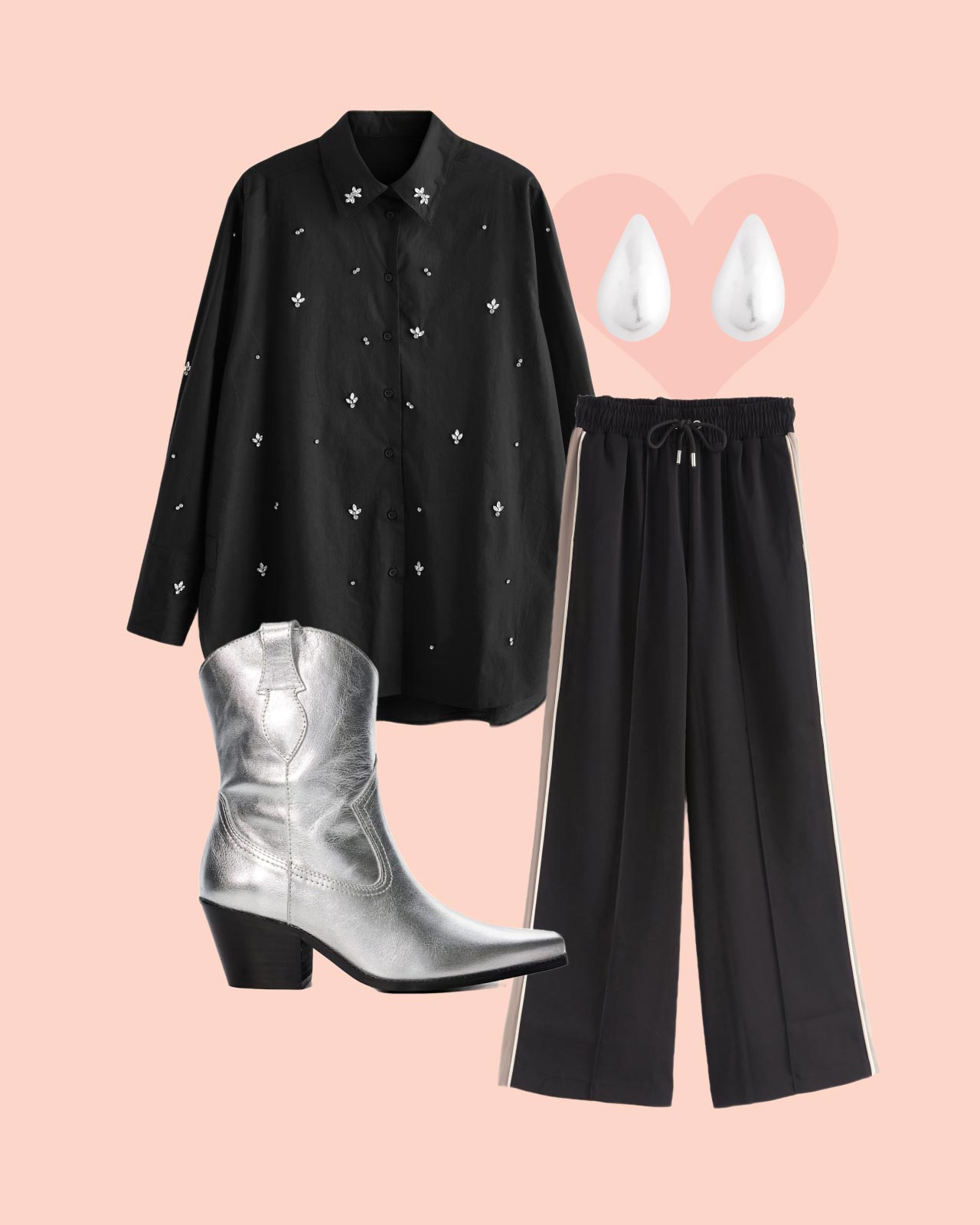Date Night Outfit - Embellished Blouse with Wide Leg Trousers - Western Boots