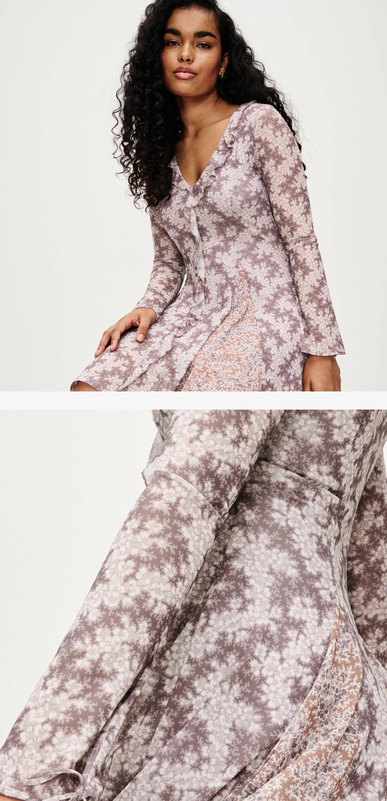 Lilac Purple Ditsy Ruffle Detail Dress